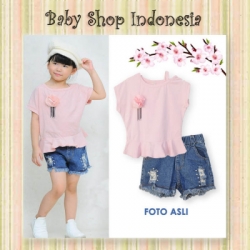 PU433 Setelan Baju Anak Import Murah Blouse Anak Batwing Celana Sobek Pink  large